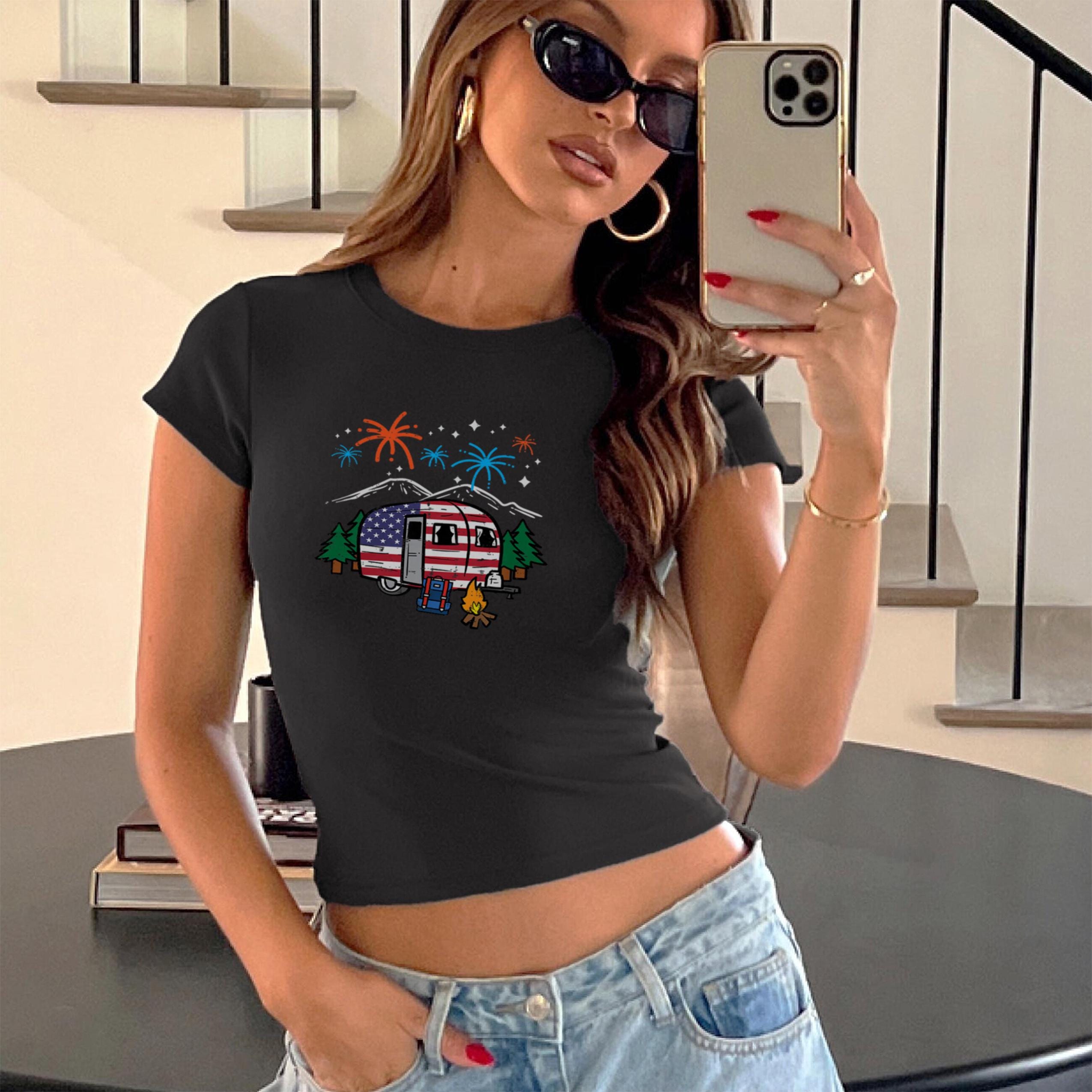 4th of July Camper Van Baby Tee, Retro Patriotic Camping Shirt, USA Flag Independence Day Top, Vintage America Holiday Tee