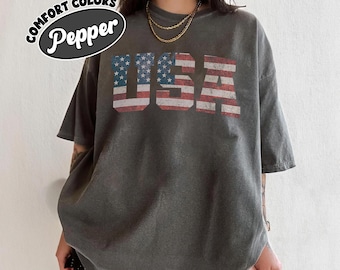 USA US Flag Shirt Patriotic 4th of July Graphic Tee Vintage American Pride Independence Day Red White Blue Celebration Top