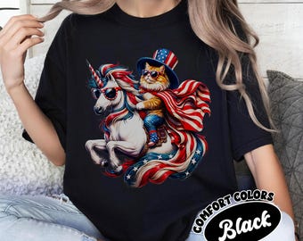 Cat Riding Unicorn Comfort Color Shirt Funny Patriotic 4th of July Tee with USA Flag Graphic Vintage Independence Day Top