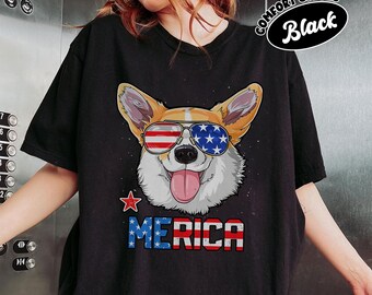 Corgi Merica Comfort Color Shirt Cute 4th of July Tee for Kids Boys Girls Dog Lovers Patriotic Puppy Graphic Vintage USA Top