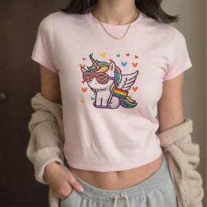 Gay Pride Unicorn Sunglasses Baby Tee, Funny LGBTQ Ally Rainbow Shirt, Cute Pride Month Y2K Top, Queer Aesthetic Graphic Crop