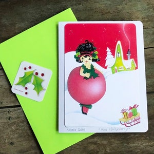 Holly Beere Weihnachtskarte | Bunte Elfen Postkarte | Grüße aus dem Wald |  Weihnachtskarte | Valerie Walsh Kunstwerk | 5x7