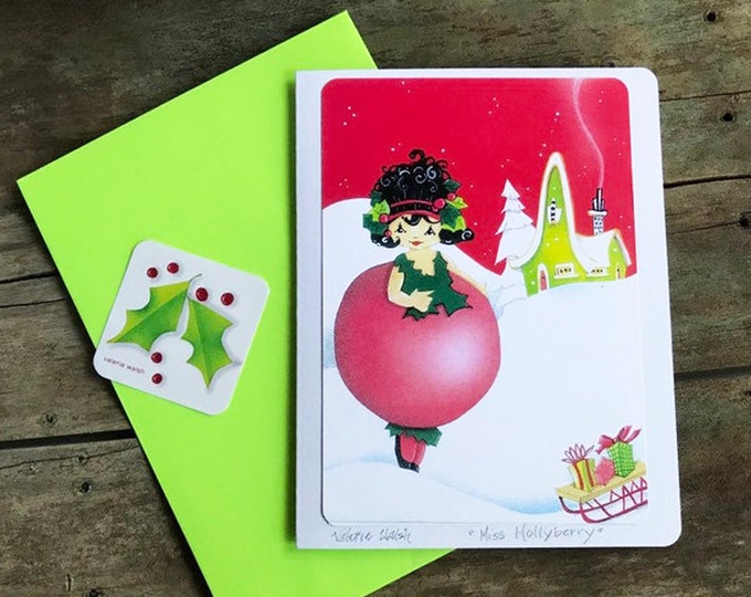 Holly Berry Holiday Card | Colorful Elfin Postal Card | Woodland Greetings |  Christmas holiday Card | Valerie Walsh Art Work | 5 x 7