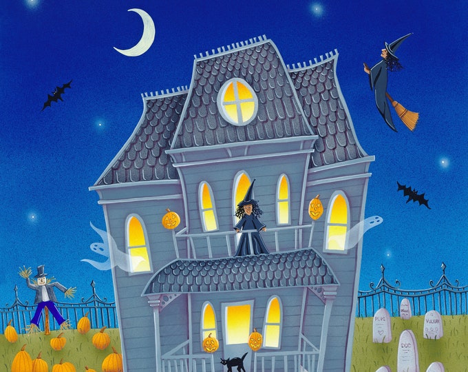 HAUNTED HOUSE Custom Framed Art Print | Halloween Painting | Ghosts, Witches, Bats Print | Halloween Wall Art | Valerie Walsh Art Work