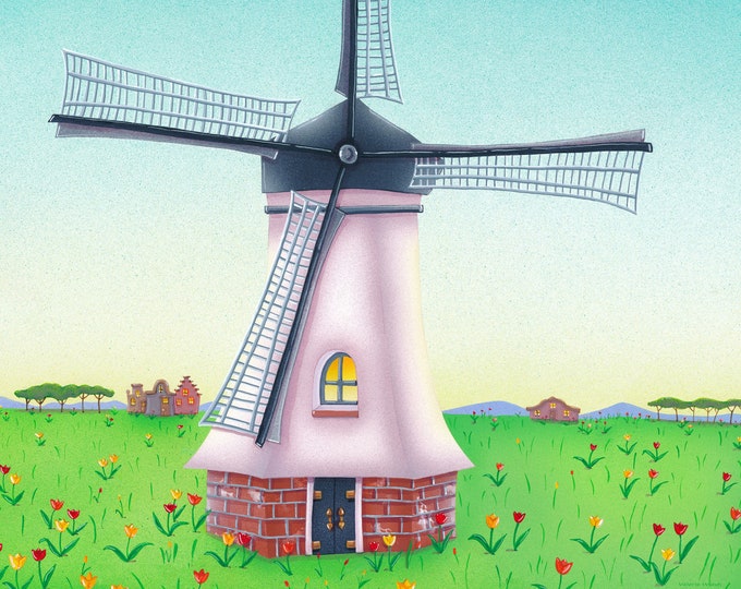 MILL HOUSE Framed Art Print | Windmill Painting | Wind Mill Floral Wall Art | Wind Mill Print | Valerie Walsh Art Work | 12x12