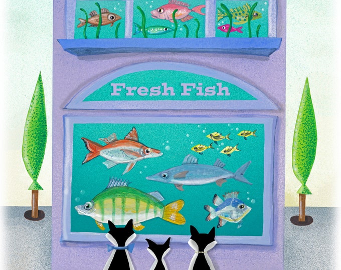 FRESH FISH FRAMED Art Print | Cat themed Painting | Kitty Wall Art | Fish Shop for Cats Print | Valerie Walsh Art Work | 8x10