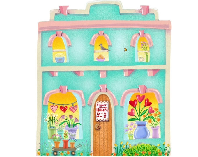 Flower Shop VALENTINE/ BIRTHDAY CARD  | House Shaped Card with Flowers | Floral Greetings | Florist Shop Card |Valerie Walsh  Cards