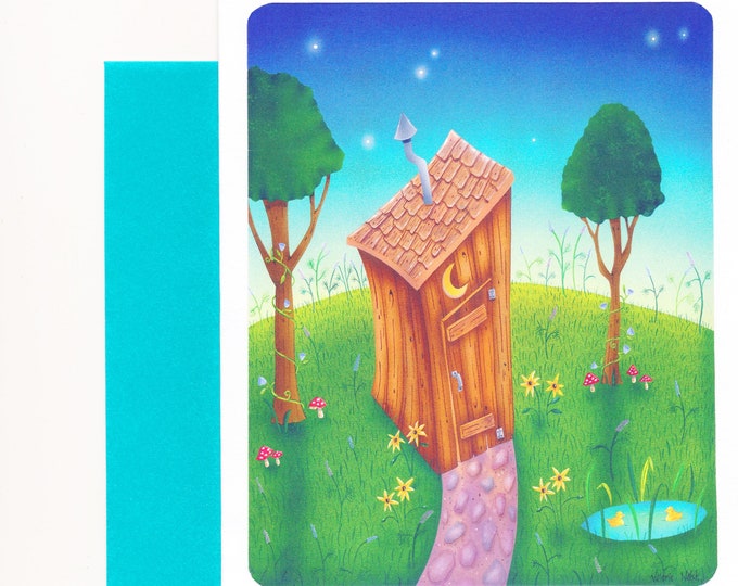 Out House Blank Greeting Card | Nature Art Card | Flowers-Mushrooms-Outhouse Card | Nature Calls Card | Valerie Walsh Greeting Cards