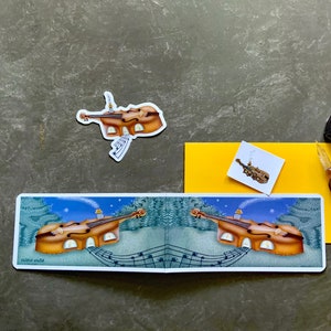 Tarjeta Slimline de Music House y sobre a juego-Notas musicales-Casa del violín- Pasarela de notas musicales- Noche estrellada. Tarjetas-Valerie Walsh