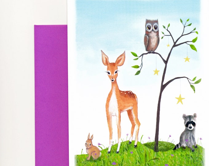 Topanga Wildlife Greeting CARD | Friendship Card |Nature Animals Note card | Friendship Card | Deer-Raccoon-Owl- Bunny Greeting Card |