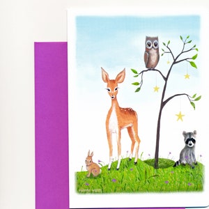 Wenskaart wilde dieren van Topanga | Vriendschapskaart | Natuurdieren Notitiekaart | Vriendschapskaart | Wenskaart konijntje hert-wasbeer-uil |