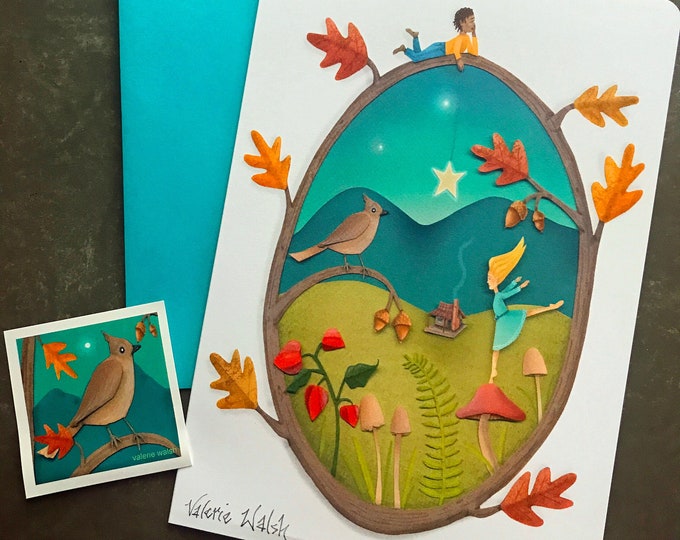 Fall Dreams Greeting Card | Nature theme Blank Card | Cabin-Mushrooms-Fall Leaves-Star-Handmade Paper Creation-Valerie Walsh Greeting Cards