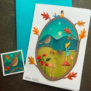 Carte de voeux de rêves d'automne | Carte vierge sur le thème de la nature | Cabane-champignons-feuilles d'automne-étoile-papier fait main-Valerie Walsh Cartes de voeux