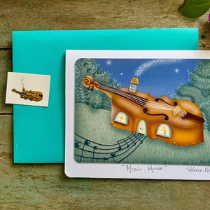Biglietto d'auguri vuoto Music House / Casa a forma di violino / Biglietto postale a tema musicale / Biglietti con violino, note musicali, cielo stellato e Valerie Walsh