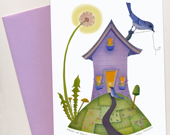 Dandelion Cottage Card | Blank Interior Greeting Card- Dandelions-Bluebirds-Cottage- Patchwork quilt-Valerie Walsh Greeting Cards