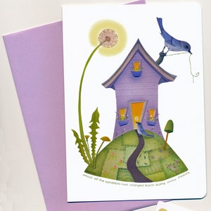 Cartão Dandelion Cottage | Cartão de felicitações em branco com interior - Dandelions-Bluebirds-Cottage- Patchwork quilt-Valerie Walsh Greeting Cards