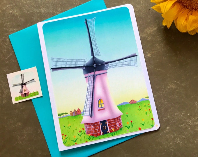 Mill House Greeting Card | Friendship Greeting Card | Wind Mill and Tulips Postal Card |  | Wind Mill Greeting Card | Card | Val Cards