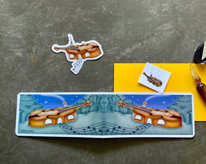 Music House Slimline Card and Matching Envelope-Musical notes-Violin House- Musical Notes walkway- Starry Night. Card-Valerie Walsh Cards