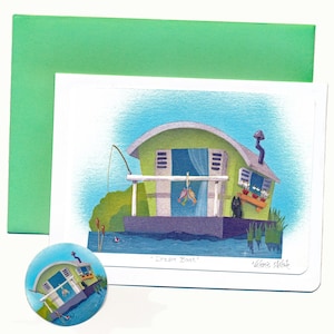 Tarjeta de felicitación de pescador / Tarjeta de felicitación en blanco con barco de ensueño / Tarjeta de pesca con casa flotante / Tarjeta con amante de los barcos de pesca, peces, espadañas, lago Schipperke