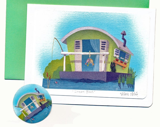 Dream Boat  Blank GREETING CARD | House Boat Postal Card | Fishing-Boat Lover-Fish-Cattails-Schipperke-Lake Card | Valerie Walsh Cards