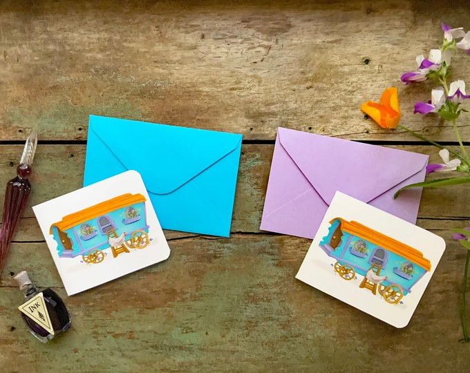 Chicken Coop Caravan Mini Card and Matching Envelope-Chicken Flowers-Vardo Wagon- Valerie Walsh Cards