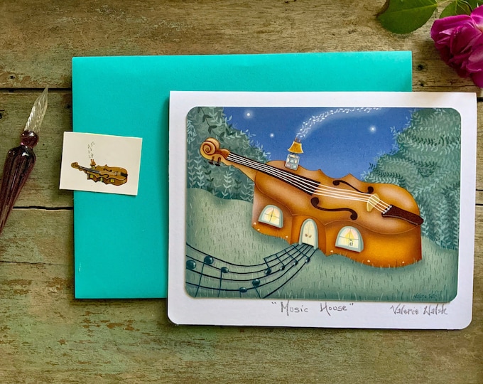 Music House Blank Greeting Card |Violin Shaped Home | Musical themed Greeting Card | Violin-Music Notes-Starry Sky-Valerie Walsh Card