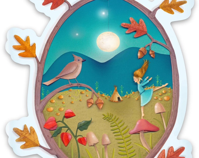3”x3” Fall Dreams No.2 Die cut Vinyl Sticker | Waterproof Colorful Sticker | Teepee-Amerindian Girl-Titmouse-Pumpkins Sticker | Val Stickers