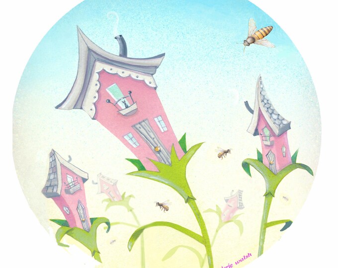 3”x3”  House Plants Circle Vinyl Sticker | Waterproof Colorful Sticker | Victorian Houses-Flowers-Bees Sticker | Valerie Walsh Stickers