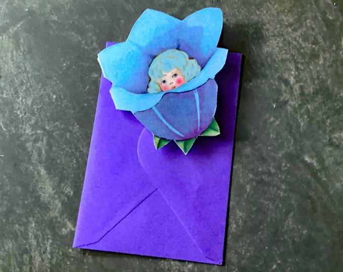 Blue Bell Flower Card | Hand Made Pop Open Card | Little Girl inside a Flower | Flower Shaped Card | Val  Card