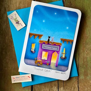 Tarjeta de felicitación en blanco Freshest Catch / Tarjeta de 4" x 6" / Restaurante para gatitos / Noche estrellada / Para niños pequeños y grandes de Valerie Walsh