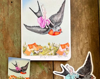 Birdy Girl Blank Greeting Card | Fly High with Matching Sticker | 4 x 6