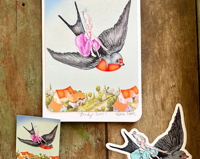 Birdy Girl Blank Greeting Card | Fly High with Matching Sticker | 4 x 6