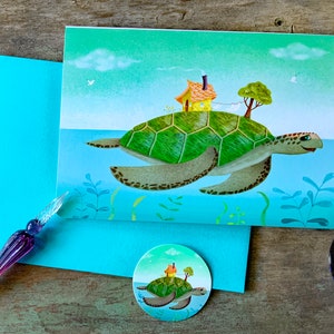 Tarjeta de felicitación en blanco de casa de playa / Tarjeta de felicitación de tortuga marina, isla flotante, cabaña de playa, océano / Tarjeta de cambio de domicilio, mudanza / Val Walsh