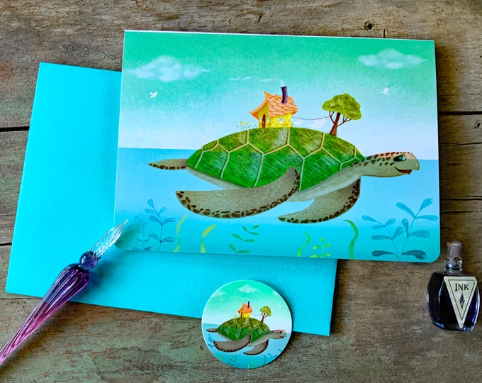 Beach House Blank Greeting Card | Sea Tortoise-Floating Island-Beach Cottage-Ocean Greeting Card | Change of Address-Moving-Card | Val Walsh