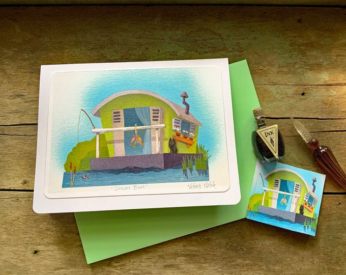 Dream Boat  Blank GREETING CARD | House Boat Postal Card | Fishing-Boat Lover-Fish-Cattails-Schipperke-Lake Card | Valerie Walsh Cards