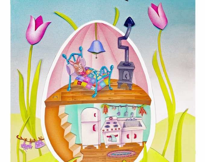 Bunny Bungalow Blank Greeting Card | Spring-Easter Floral Card | Egg House Greeting | Bunny-Tulips-Spring | Valerie Walsh Cards