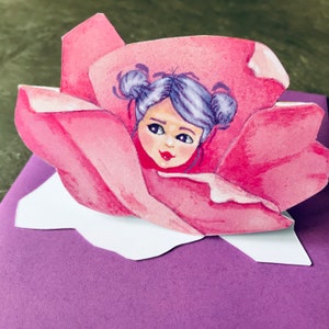 Blumen Karte |  Handgemachte Pop offene Karte | Kleines Mädchen in einer Blume | Blumenförmige Karte | Val´s Vintage Frühlingskarte