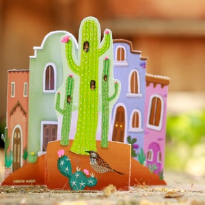 CARTÃO DE SAUDAÇÃO Cactus Casitas | Cartão de Saudação AUTÔNOMO / Decoração de Mesa | Cartão Village with Cactus | Cartão de Saudação Gila Woodpecker-Cactus Wren