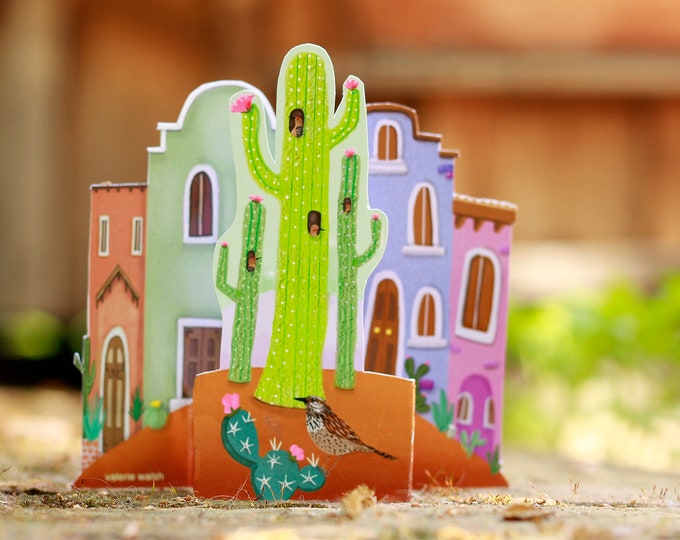 Cactus Casitas GREETING CARD | STAND alone Greeting Card /Table Decor | Village with Cactus Card | Gila Woodpecker-Cactus Wren Greeting Card