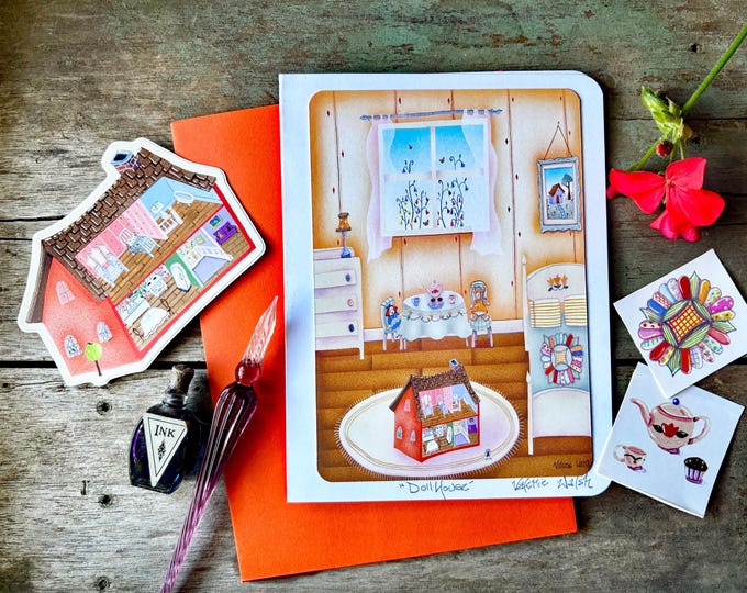 Dollhouse Greeting Card with Orange Envelope | 4" Die‑Cut Sticker | Nostalgic Miniature House Card & Bundle