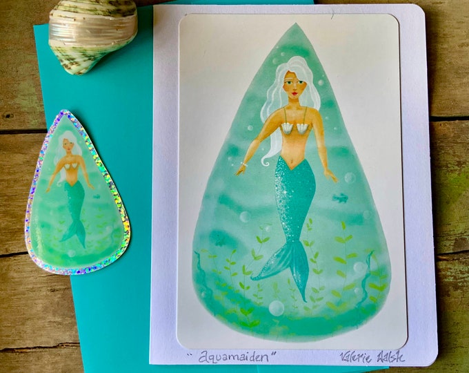 Aqua Maiden Greeting Card | Mermaid-Water Drop Shape- Card | Ocean-Mermaid-Sea Shells-Underwater-Ocean Greeting Card-Valerie Walsh Cards