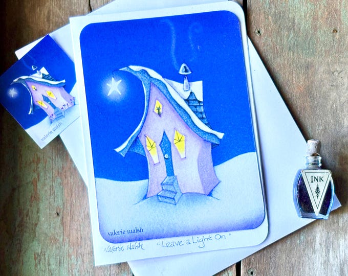 Leave a Light On Blank Greeting Card | Hobbit House with Matching Sticker | 4 x 6