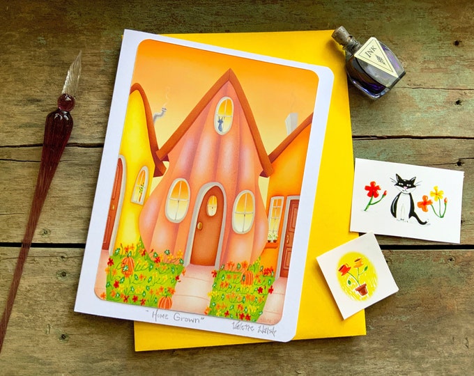 Home Grown Blank Greeting Card | Pumpkin House Greeting Card | Fall Holiday Postal Card | Pumpkin-Flowers-Kitty-Card | Autumnal  Card