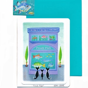 Carte de voeux vierge de poisson frais | Shoppe Kitties-Fish | Carte fantaisiste pour chats avec enveloppe assortie | Valerie Walsh Cartes de vœux