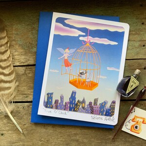 Cartão de felicitações em branco Five O Clock | Cartão Birdcage-Secretary-Freedom | Cartão de felicitações Fly Birdy Girl | Cartões de felicitações Valerie Walsh
