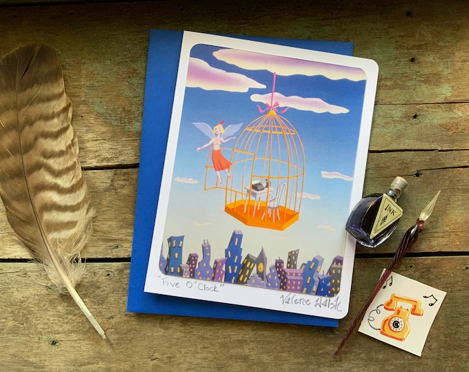 Five O Clock Blank Greeting Card | Birdcage-Secretary-Freedom Card | Fly Birdy Girl Greeting  Card | Valerie Walsh Greeting Cards