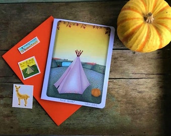 Thanksgiving Card | Friendship Greeting Card | Fall Holiday Postal Card |  | Autumnal Greeting Card | Teepee Art