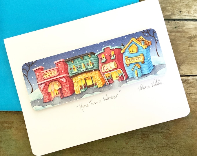 Small Town Winter Blank Greeting Card | Holiday Postal Card | Book Shop-Market-Toy Store-Cafe Greetings