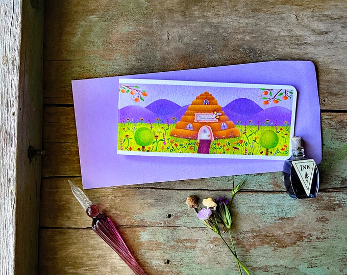 Honey House Blank Slimline Card | Bee Skep-Bees-Flower Meadow-Butterflies-Bees Knees | Slim Card with Matching Envelope | Valerie Walsh Card