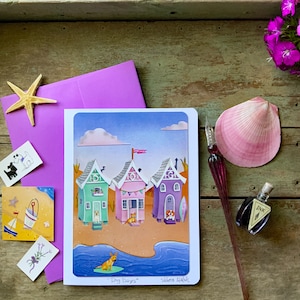 Días de perros Tarjeta de felicitación en blanco 5 x7 / SeaSide Art / Beach Cottages Art / Dogs-Kitty-Beach-Card / Valerie Walsh Tarjetas de felicitación